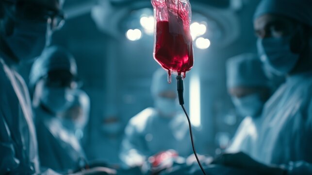 Medical team performs surgery at night using blood bag to treat patient with serious condition in hospital