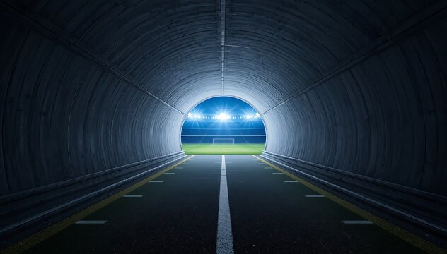 A dark tunnel passage leading towards a bright illuminated professional sports stadium field under stadium floodlights at night
