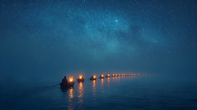Small wooden fishing boats with glowing lanterns rowing across calm ocean water under starry night sky.
