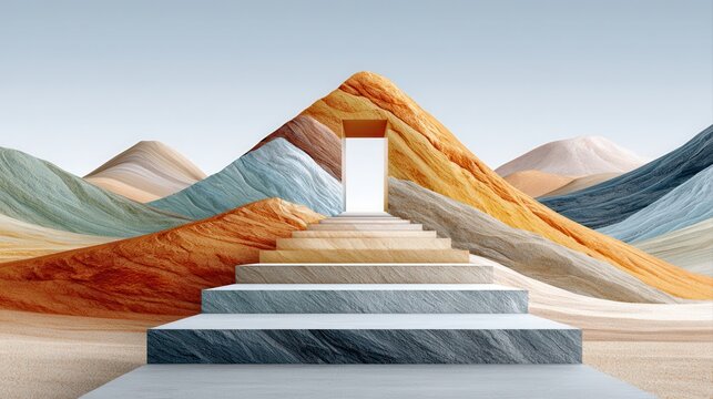 Surreal abstract landscape with stairs to glowing doorway, minimalist portal in colorful mountains, 3D render concept background