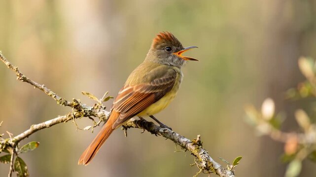 great crested flycatcher close up in appalachian mountains usa morning light video
