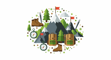 Fototapeta premium Flat Vector Illustration of Outdoor Hiking and Mountain Adventure Equipment Concept with Backpacks, Boots, and Compass