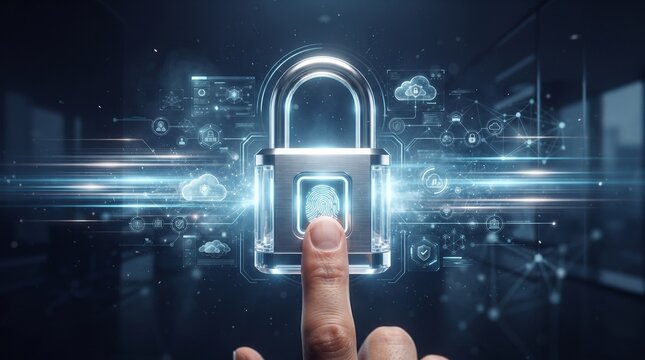 指紋認証でロック解除する南京錠のサイバーセキュリティコンセプト