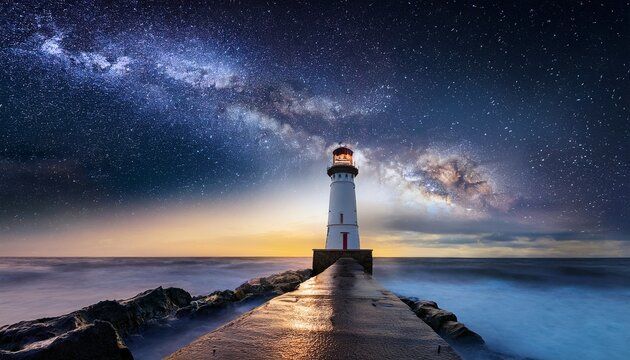 lighthouse in storm leader and vision concept landscape with milky way against dramatic sky