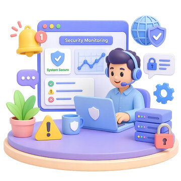 Digital ethics security professional supports servers. Suitable for tech, cybersecurity, and customer service concepts. Smiling specialist defines.