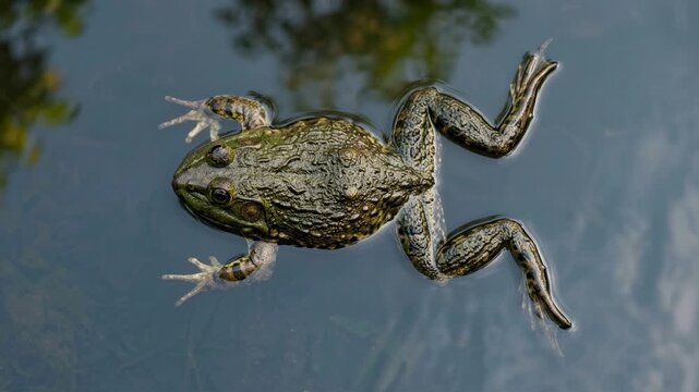 top down goliath frog floating close up on water in cameroon rainforest video
