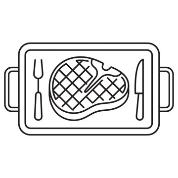 Black line icon of grilled steak on tray with fork and knife Vector, illustration