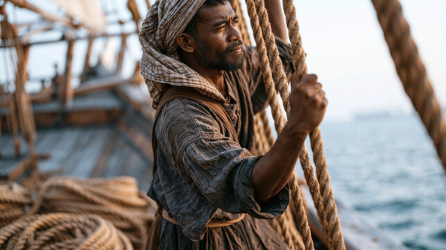 Malay maritime rigger climbing shroud lines on a traditional wooden dhow in a working harbor at sunrise, rope coils at the deck, Southeast Asian nautical craft, heritage vessel