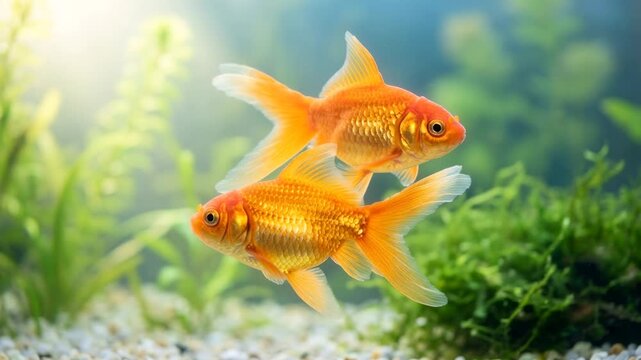 two goldfish underwater close up at morning light in west lake hangzhou china video