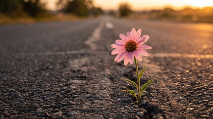 ひび割れたアスファルトの道に咲くピンクのエキナセアの花と夕日