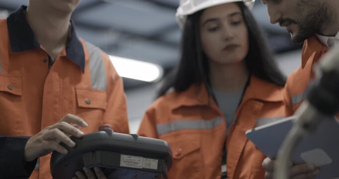 Female and Male engineers checking or maintenance electronic in AI or artificial intelligence robot arm in the manufacturing automation and robotics manufacture room. Service technical engineer. 