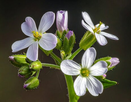 A close-up view of a plant with white flowers and green leaves against a dark background