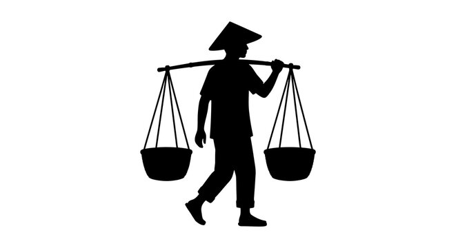 Silhouette of a person carrying baskets on a yoke white background