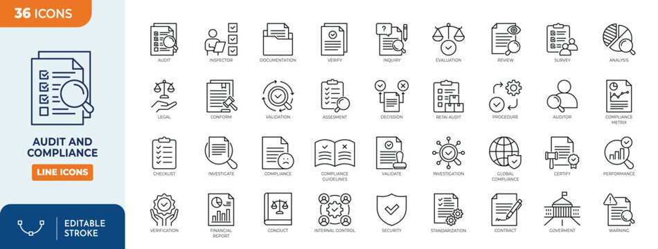 Audit and Compliance icon set. Containing audit, compliance, inspecting, assessment, checklist,  investigation, review and more.  Editable stroke. Vector illustration
