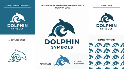 Dolphin Logo Design with Wave and Text, Minimalist Vector Art © kiarev