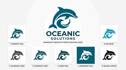 Oceanic Solutions Logo: Minimalist Dolphin and Wave Design in Various Colors © kiarev