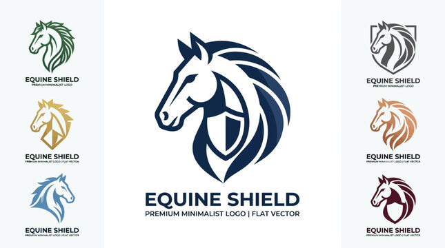 Equine Shield Logo Collection - Horse Head and Shield Combination Flat Vector