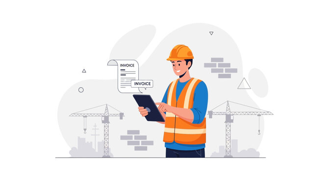 Construction worker in hard hat and safety vest uses tablet for invoices on site with cranes and brick background