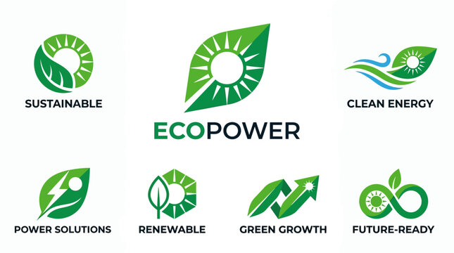 Eco Power Logos: Sustainable Energy, Renewable Resources, Green Growth Concepts