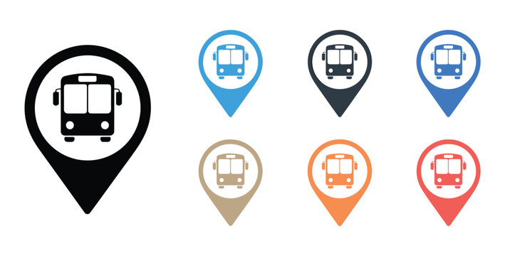 Bus Stop Map Pins: A collection of map pin icons indicating bus stops.  transportation graphic, public transit, navigation element, route marker.
