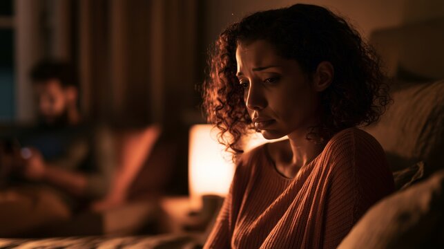 Woman sits on bed looking sad while man uses phone in dim room during evening hours