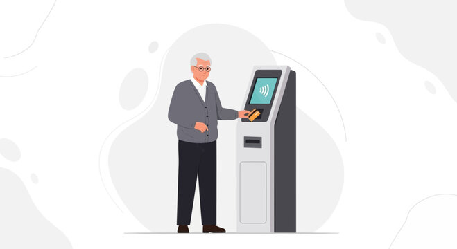 Elderly Man Uses Contactless Payment at Self-Service Kiosk, Vector Illustration