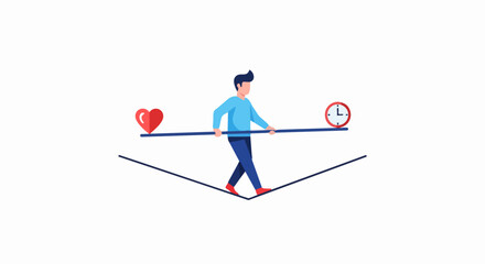 Fototapeta premium Work Life Balance Concept: Man Balancing Heart and Clock on Tightrope, Vector Illustration