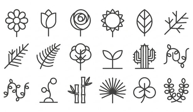Minimal nature flower and leafy plant pictogram vector set made from two geometric shapes