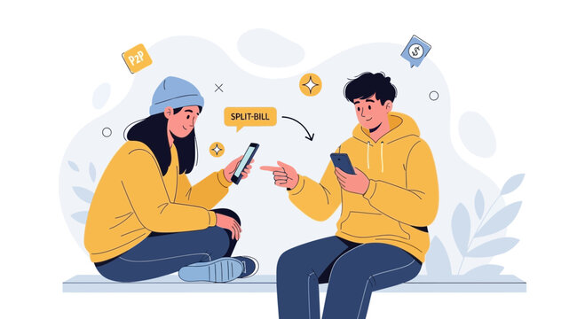 Friends using mobile phones to split bills and transfer money, P2P payment concept vector illustration.