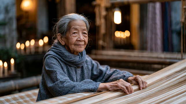 Vietnamese elderly silk weaver monitoring floating weft threads on a shuttle loom in a narrow Hội An workshop, candlelit atmosphere, Southeast Asia heritage textile, handloom