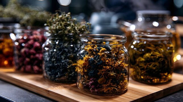 Glass jars filled with colorful dried herbs and flowers arranged on a wooden board under warm lighting