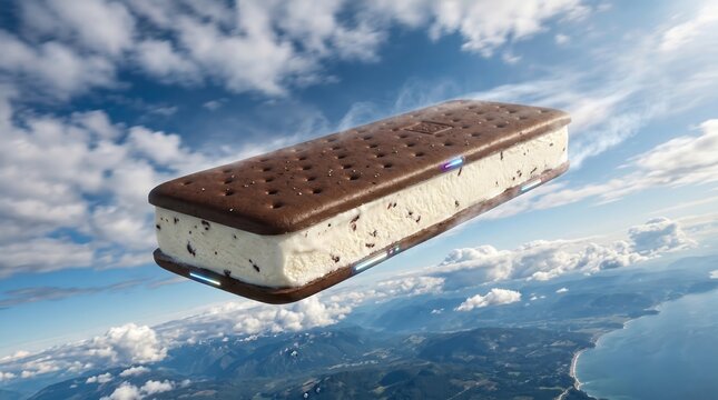 Chocolate ice cream sandwich floating high in the blue sky. Fluffy white clouds and a scenic landscape below.
