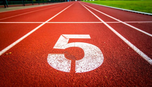 A close-up view of a red athletic track with a white lane number 5 marked on it, surrounded by white lines and green grass