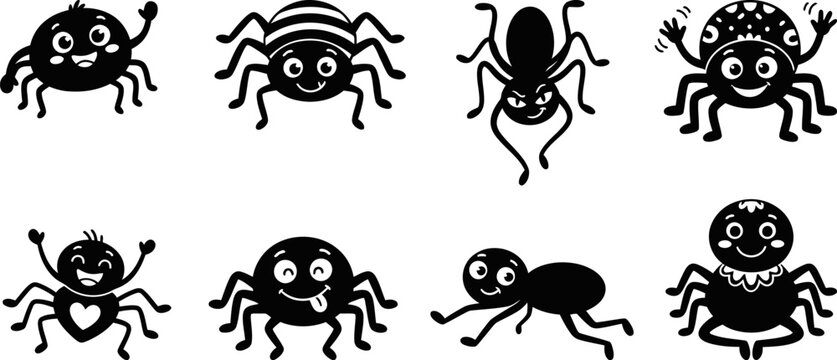 Cute Spider Cartoon Character Icon Set Featuring Happy, Funny, Naughty, Dancing, Patterned, and Adorable Spider Mascots for Halloween, Kids, Stickers, Logos, and Vector Graphics