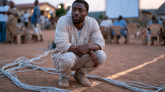 Ghanaian documentary filmmaker crouches in dusty village square reviewing outdoor cinema screen setup at dusk, generator cables taped across laterite ground, community members