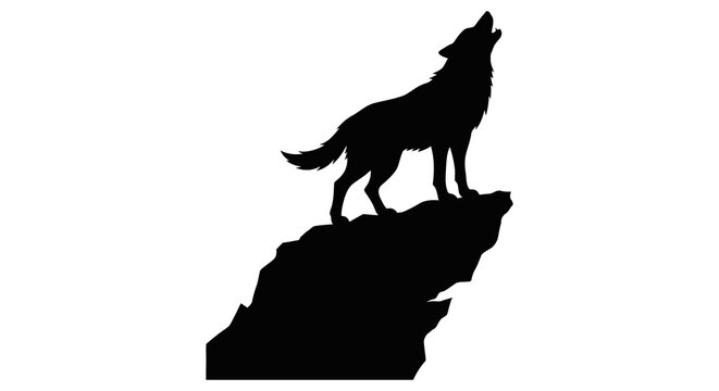 Wolf Silhouette On Rocky Outcrop Black Against White Background