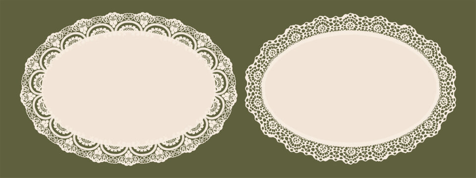 Lace scallop frame with oval edge border and decorative wavy brush. Antique scalloped ruffle trim and embossed stroke pattern. Round ribbon shape for baby doily or boarder label isolated set
