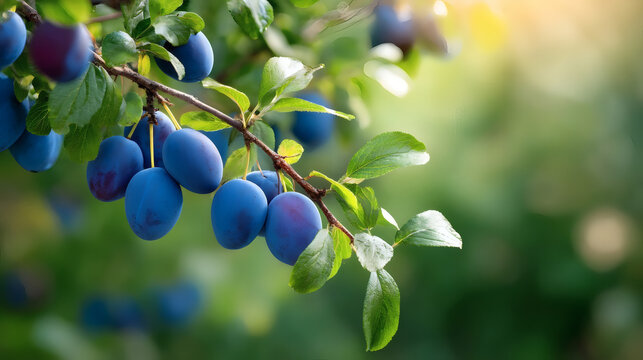 Ripe blue plums hanging on a tree branch with green leaves, illuminated by soft sunlight. Fresh organic fruit in a summer orchard. Close-up, blurred natural background.