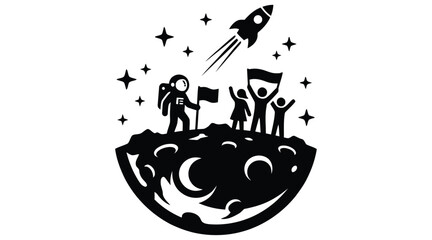 Moon landing silhouette with rocket astronauts and flag on white background © Ziaul_Studio