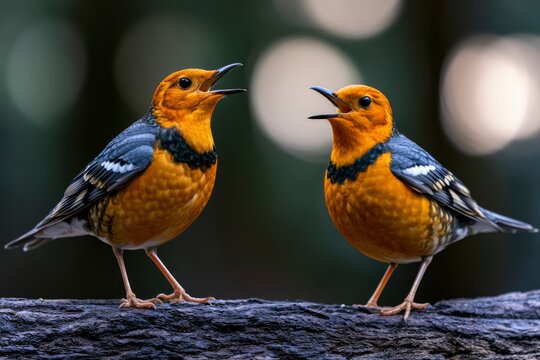Orange-headed thrushes singing on mossy branch in dark forest with soft bokeh for wildlife conservation and nature marketing