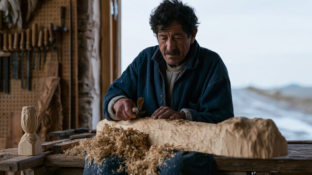 Roma woodcarver at roadside workshop bench uses hand gouge to shape decorative house post, wood shavings curled across knees, tools hanging on pegboard wall behind, rain-soaked