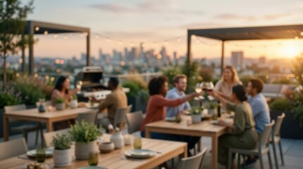 Obraz premium cinematic blurred rooftop dinner party with friends clinking wine glasses at sunset overlooking a city skyline