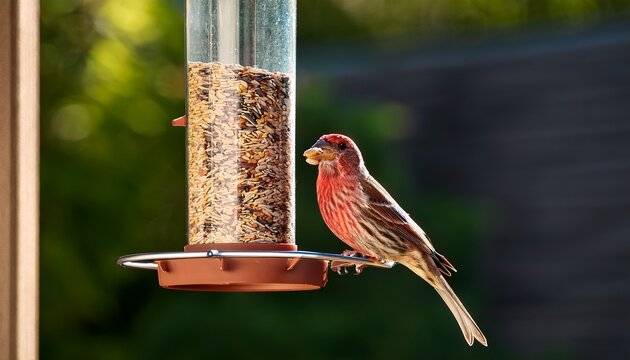 house finch with seed in beak perched at a backyard bird feeder