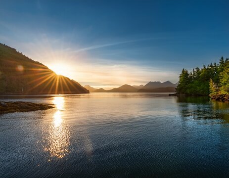 sun raising over ketchikan alaska soft tree lined mountains in the background calm water in the foreground