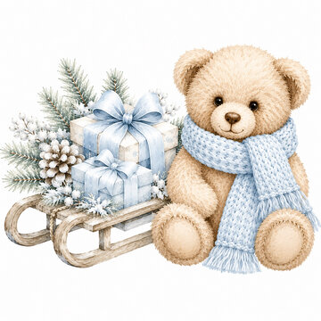 Adorable teddy bear beside a wooden sled loaded with blue Christmas gifts and snowy evergreen branches. Watercolor holiday clipart isolated on white for greeting cards and festive projects.
