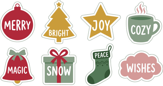 Collection of festive holidaythemed icons with words like merry, joy, and cozy