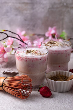 Strawberry matcha latte smoothie cocktail