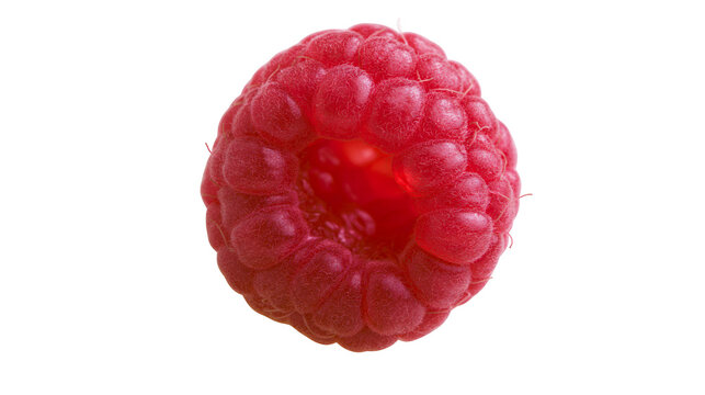 Single ripe red raspberry with textured drupelets, isolated on transparent background