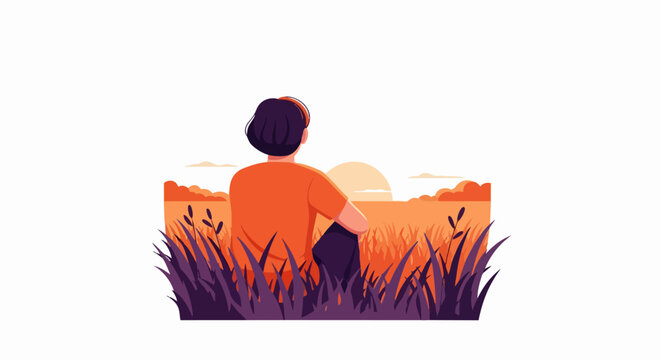 Man Sitting in a Field Watching the Sunset Illustration. Peaceful Person in Nature at Dusk. Vector Flat Design Concept of Solitude, Meditation and Mindfulness.