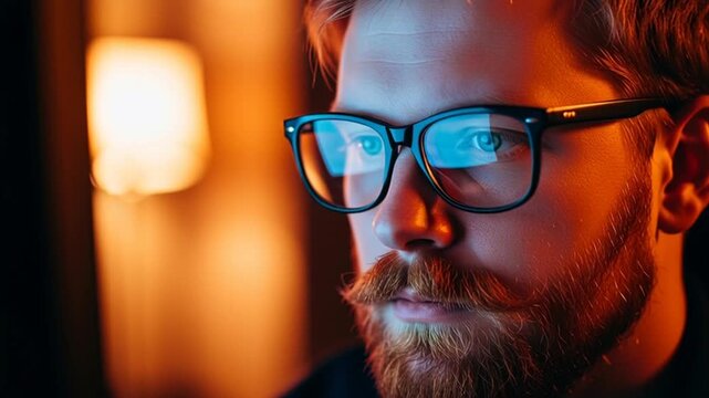 A man wearing glasses looks thoughtfully to his left in a dimly lit room with warm lighting on his face and beard.